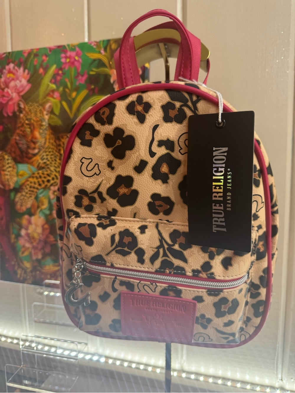 True Religion Beige & Pink Leopard Mini Backpack Casual Carry or Back to School